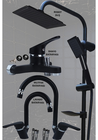 Irmak Lavabo Banyo Mutfak Bataryası Ve Rainy Robot Duş Siyah Banyo Seti Armatür Musluk Batarya Duş Siyah