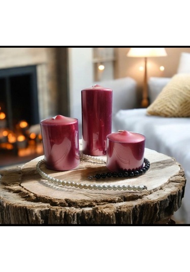 Denic 3 lü Mum Seti  Metalik Kırmızı Blok Mum  Konik Silindir Mum   Baton Mum