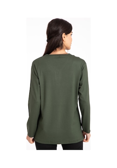 Kadın Orta Yaş ve Üzeri Dört Mevsim V Yaka Rahat Kalıp Likralı Viskoz Anne Penye Bluz 140-Haki