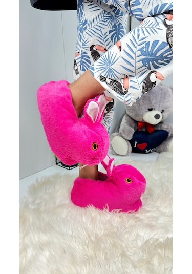 Kadın Panduf Tavşan Figürlü Peluş Ev Botu Desenli Düz Taban Rahat Hafif 359 Fuşya
