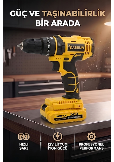 12V Çift Akülü Metal Şanzıman Taşıma Çantalı Led Işıklı Akülü Vidalama Şarjlı Matkap Seti -