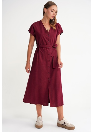 4721 Kadın V Yaka Düğme Detaylı Keten Elbise Bordo Bordo