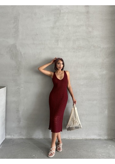 Kadın Askılı Ajurlu Yazlık Triko Elbise Bordo