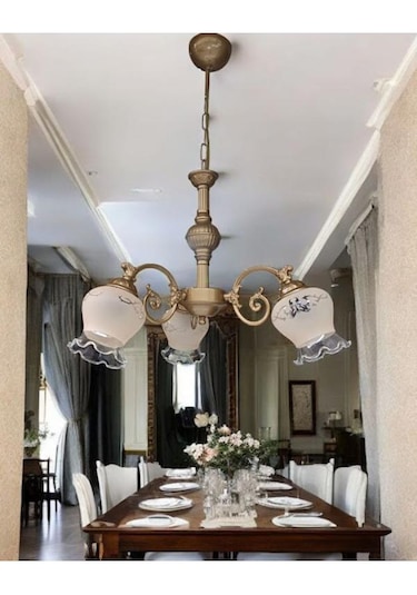 Çicek Kol Üç Kollu Metal Zamak Avize Eskitme Statik Boyalı Mat Somon Rengi Camlı Bal - Eskitme