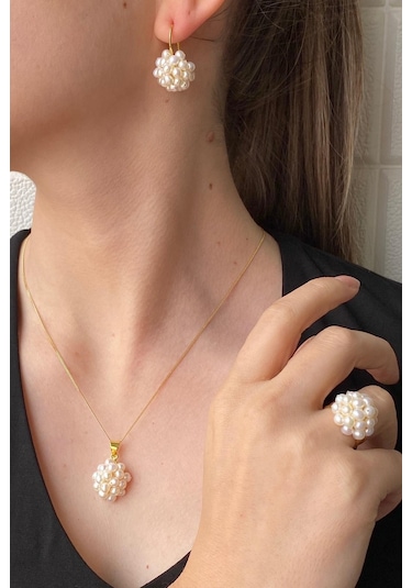 Kadın Prenses Model Doğal İnci Küpe Kolye Yüzük Üçlü Set 9 / Sarı Gümüş