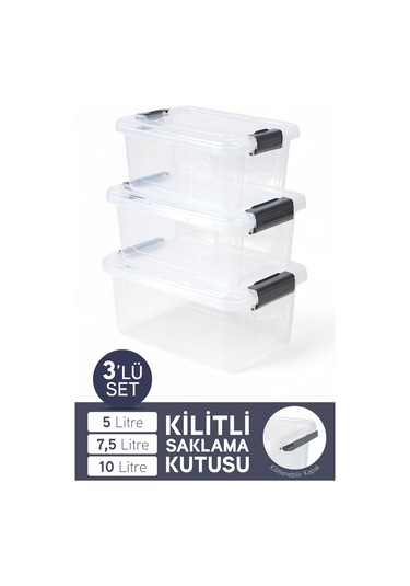 İronika 3'lü Saklama Kabı Yatay Dikdörtgen Kilitli Kapaklı Çok Amaçlı Oyuncak Saklama Kutusu 5-7,5-10 Litre Şeffaf