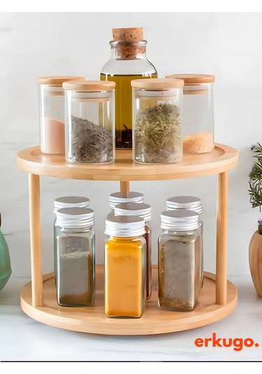 Bambu 360 Dönen 2 Katlı Baharatlık Düzenleyici , Sunumluk, Organizer, Katlı Stant Bambu