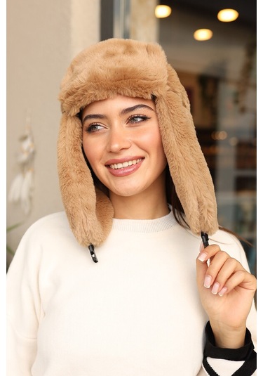 Çıtçıtlı Kürklü Kulaklıklı Peluş Bere Şapka Rkş-03 Camel Camel