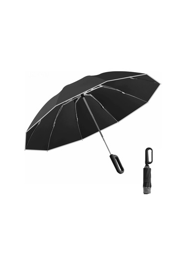 Jeemson 10 Gövde Fiberglas Dayanıklı Otomatik Şemsiye - Ters Katlanır, Yansıtıcı Şeritli, Çift Kullanimlı Siyah Ticari Şemsiye
