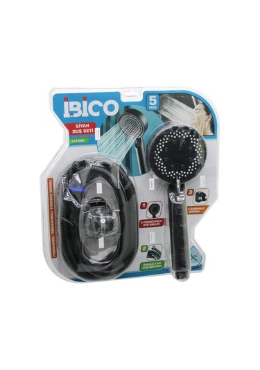 Vakumlu - Siyah Lüks Duş Seti Duş Başlık 5 Mod Fonksiyon Örgülü Hortum 1.5mt Mafsal 3 Kademe Çok Renkli