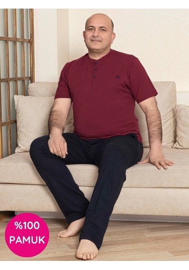 Erkek Geniş Kalıp %100 Pamuk Kısa Kol Cepli Büyük Beden Pijama Takımı Bordo