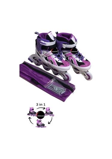 Işıklı Çocuk Pateni Silikon Ayarlanabilir Teker Metal Gövde Numaralı Çantalı 3 In 1 Mor