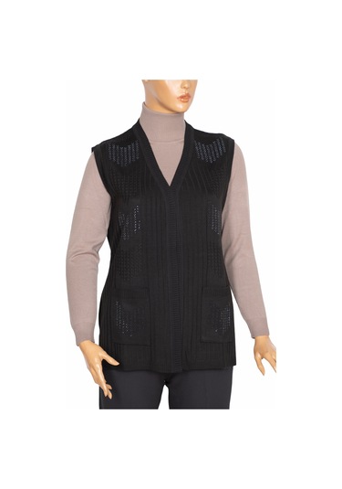 Hesna Kadın Nida Omuzu Cebi Taşlı Fitilli Triko Siyah Yelek Siyah