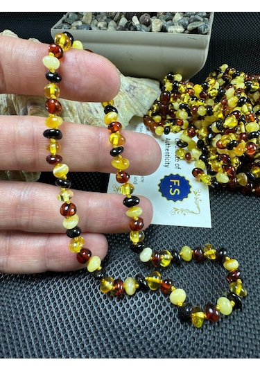 Kehribar Bebek Diş Çıkarma Kolyesi Altın