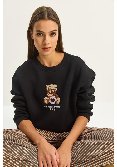 Shade Kadın Teddy Nakış Detaylı Üç İplik Şardonlu Sweatshirt 60601044 - Siyah