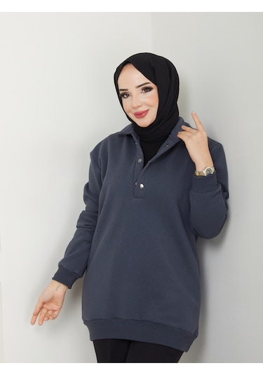 Raika Moda Kapşonlu 3 İplik Büyük Beden Tesettür Sweatshirt Antrasit
