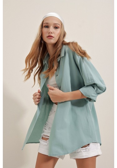 Bigdart 3900 Oversize Uzun Basic Gömlek - Su Yeşili 001