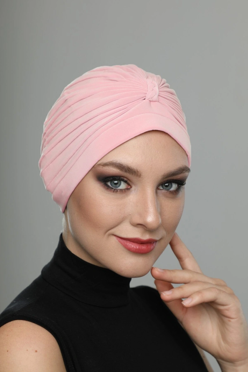 Örgülü Pudra Hazır Türban Tesettür Havuz Bonesi Pudra