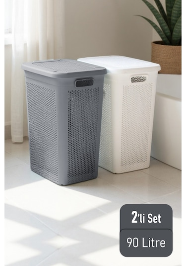 İronika Slim İki Bölmeli Kapaklı Dekoratif Kirli Çamaşır Sepeti 90 Litre Gri - Beyaz Gri
