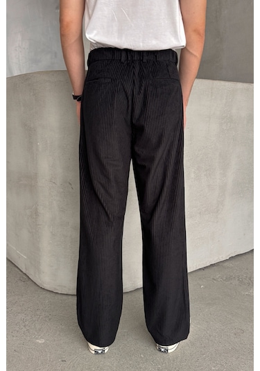 Erkek Pileli Baggy Kalıp Kadife Pantolon Siyah