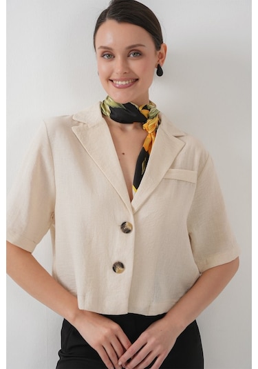 0706 Crop Keten Ceket - M. Krem Krem