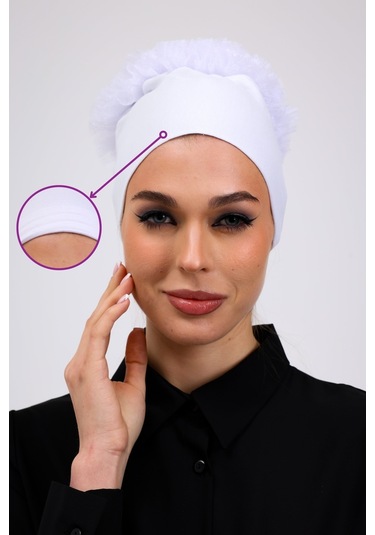 Kaymayan Fırfırlı Silikonlu Dikişsiz Bone Beyaz - Kaymaz Kadın Tesettür Bağlamalı İç Bone Beyaz