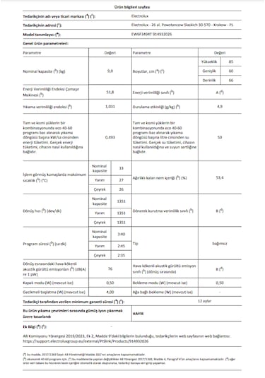 Electrolux EW6F3494T 600 Serisi Sensicare 9 Kg 1400 Devir Çamaşır Makinesi