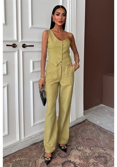 Tek Omuz Büstiyer Plazzo Pantolon Viscon Takım 10159 Çağla