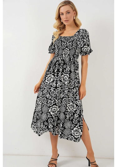 Kare Yaka Prenses Kol Önü Gipeli Yanları Yırtmaçlı Çiçek Desenli %100 Pamuk Midi Boy Viskon Elbise Siyah