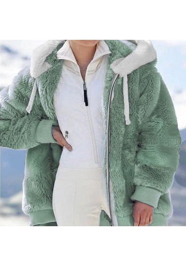Avrupa Ve Amerika Birleşik Devletleri 2022 Sonbahar Ve Kış Sıcak Peluş Ve Fermuar Cep Kapşonlu Gevşek Ceket Kadın Ceket Yeşil