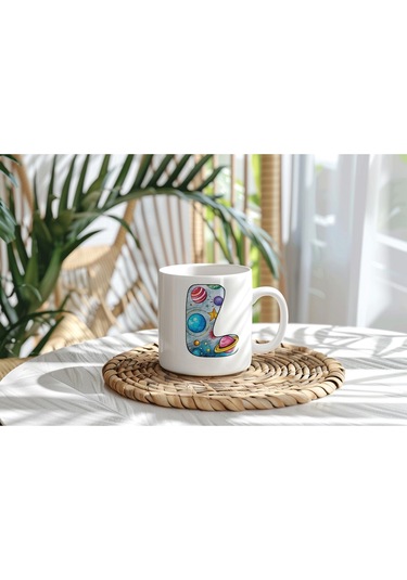 L Baş Harf Gezegen Desenli Kupa Bardak - Kişiye Özel Evren Temalı Kahve Çay Kupası - Gökyüzü Beyaz