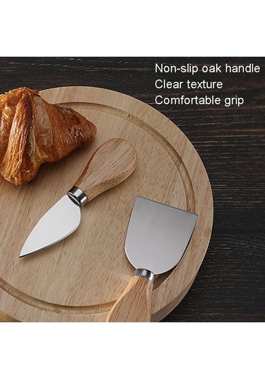 Sones 4 Adet / Set Yuvarlak Meşe Kutusu Peynir Bıçağı Spatula Paslanmaz Çelik Peynir Araçları Çatal Bıçak Takımı, Renk: Çelik Rengi