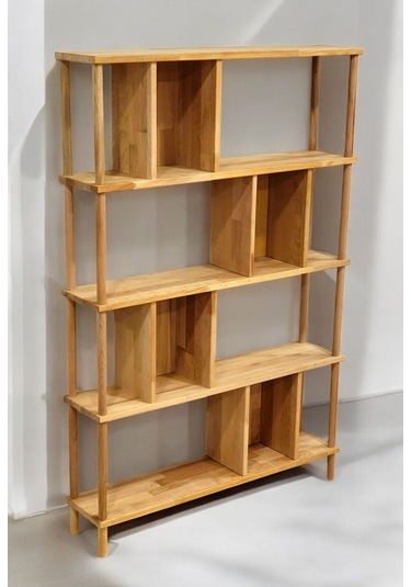 Lüx Naturel Ahşap 5 Raflı Modern Dekoratif Kitaplık Mutfak Rafı Kiler Çok Amaçlı Düzenleyici Raf Ahşap