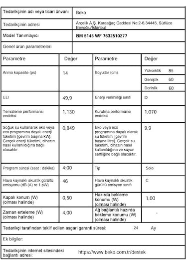 Beko BM 5145 WF 7 Programlı 14 Kişilik Bulaşık Makinesi