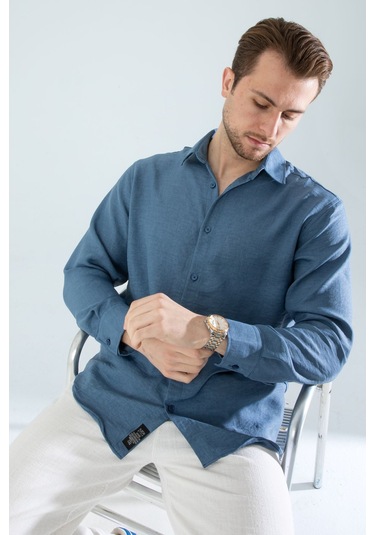 Rahat Kesim Keten Dokulu Gömlek Mavi