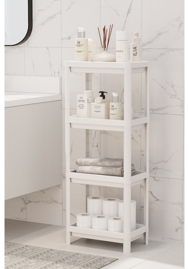 4 Katlı Slim Mutfak & Banyo Raf Ünitesi, Beyaz Beyaz