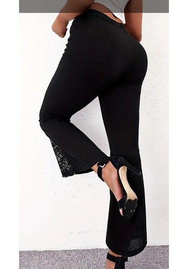 Simala Kadın Yüksek Bel Kalpli Kemer Dantel Detaylı Dalgıç Pantolon Siyah
