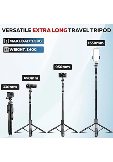 Bluetooth Kumandalı 153cm Tripod Selfie Çubuğu / Go Pro Uyumlu /