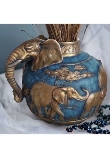 Fil Figürlü Vazo Mavı Eskıtme 32 X 27