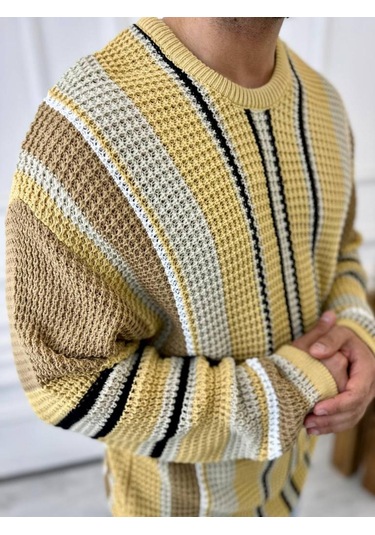 Kazak Oversize Renkli Örgü Desenli Naturel Pamuk Bol Kesim Salaş Triko Kazak Taba