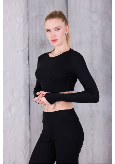 Kadın İspanyol Paça Pantolon Uzun Kollu Parmak Geçirmeli Crop Takım Siyah