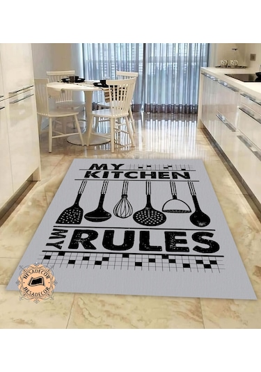 Mutfak Halısı Modern My Kitchen Yazılı Halı Dijital Baskı Makine Gri