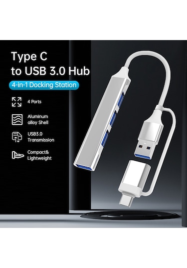 Gajeena Alüminyum Gövde 4 Usb 3.0 Portlu Çok Fonksiyonlu Usb-type-c Hub Genişletme Dönüştürücü - Gümüş