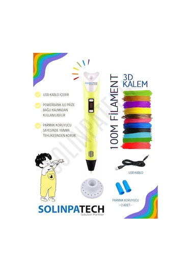 Sarı 3D Kalem 3D Pen Yazıcı Kalem | 20 Adet 5 Metre (Toplam 100 Metre) Filament + USB KABLO