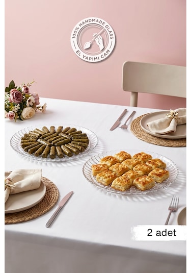 Selen Concept Güneş Model Büyük Boy El Yapımı Cam Tatlı Ve Sunum Tabağı 6'lı Set Şeffaf