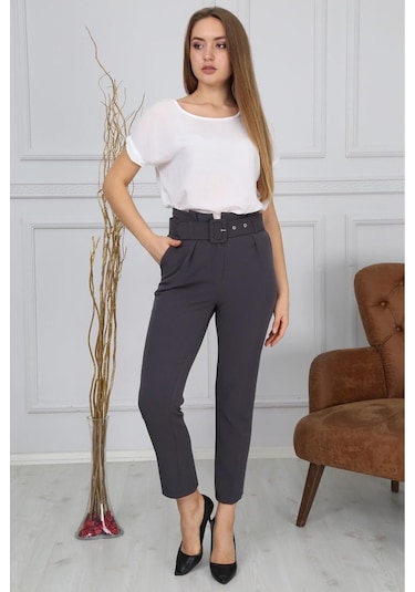 Bluence Beli Kemerli Dar Paça Gri Kumaş Pantolon Gri