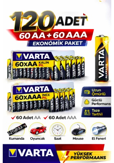 Aa + Aaa Pil 120'lı Set 60 Aa + 60 Aaa 1.5v Ekonomik Toplu Paket Çinko Karbon