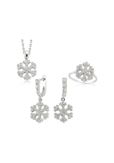 Kar Tanesi Gümüş Kolye Küpe Yüzük Taşlı Üçlü Set Tst07