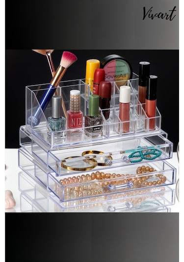 Vivart 3 Katlı Çekmeceli Makyaj Düzenleyici Organizer Set Şeffaf Beyaz