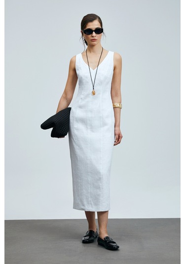 Lufian Honey Kadın Kolsuz Keten Elbise Beyaz Beyaz 121290016100500 Beyaz